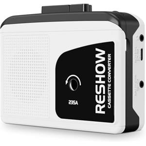 Reshow Lettore a Cassette Portatile + Lettore Audiocassette, Registrazione Inversa su Cassetta, Convertitore Cassette Audio in Mp3, Microfono Incorporato E Altoparlante- Bianco