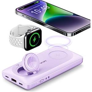 VRURC Power Bank Magnetico, Caricabatterie Portatile da 10000 mAh, Caricabatterie Wireless 3 in 1, Ricarica Rapida da 22,5 W Compatibile con iPhone, Apple Watch Ecc - Viola