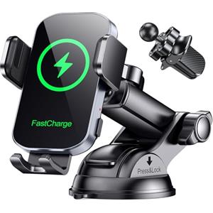 Glangeh 15W Caricatore Wireless Auto, [Ventosa+Clip+QC3.0] Auto-Bloccaggio Ricarica Wireless Auto, Porta Cellulare Auto Ricarica Wireless Compatibile con iPhone 16 15 Galaxy S24