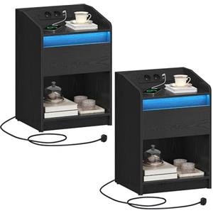 Hzuaneri Comodino Set di 2, con luce LED - Tavolino con stazione di ricarica, 1 cassetto portaoggetti per camera da letto, soggiorno, 2 porte USB, 2 uscite, scomparto aperto, Nero NS09104X