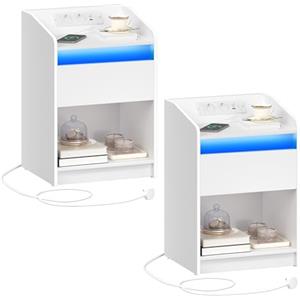 Hzuaneri Comodino Set di 2, con luce LED - Tavolino con stazione di ricarica, 1 cassetto portaoggetti per camera da letto, soggiorno, 2 porte USB, 2 uscite, scomparto aperto, Bianco NS09003X