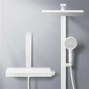 EMKE Colonna doccia con miscelatore termostatico, ripiani in vetro 45 x 13 cm, doccetta, 3 tipi di getto, doccia a pioggia, bocca di erogazione, montaggio a parete, colonna doccia termostatica, bianco