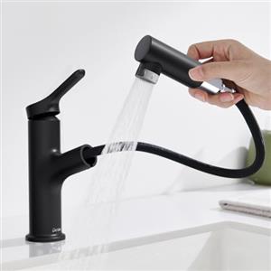 DETBOM Rubinetto Bagno con Doccetta Estraibile a 2 Modalità, Miscelatore Lavabo Bagno, Rubinetti Monocomando, Adatto Lavabo da Appoggio, Aeratore Rimovibile, Acqua Calda/Fredda, Senza Piombo, Nero