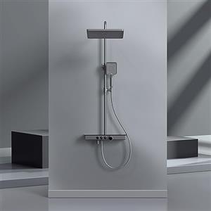 EMKE Colonna doccia con miscelatore termostatico, ripiani in vetro 45 x 13 cm, doccetta, 3 tipi di getto, doccia a pioggia, bocca di erogazione,colonna doccia termostatica, Grigio metallo
