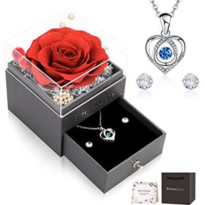 CSYY Rosa Eterna, Festa della Mamma Regalo per Mamma Regalo Fiori Stabilizzata Regalo con Collana Cuore e Orecchini a Perno per San Valentino Festa Della Anniversario Natale Compleanno Sorella Moglie