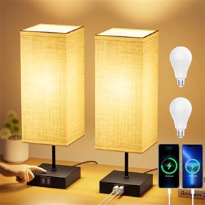 FANSANMY Lampada da Comodino, Abat Jour da Comodino con 2 porte di ricarica rapida USB, 3 temperature di colore e regolazione continua, 2 lampadine E27 da 6W per camera da letto, soggiorno, ufficio