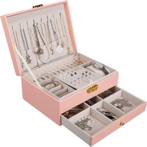 YOCOLE Portagioie Donna, 2 Livelli Porta Gioielli da Viaggio Ragazza in Pelle PU, Grande Gioielli Scatola Organizer per Anelli, Orecchini, Collane, Orologi, con Serratura e Chiave, Rosa