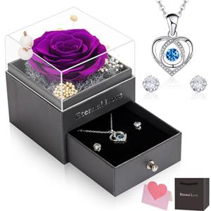 CSYY Rosa Eterna, Natale Confezione Regalo Fiori Stabilizzata Regalo con Collana Cuore e Orecchini a Perno per San Valentino Festa Della Mamma Anniversario Compleanno per Mamma Sorella Moglie