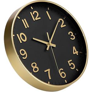 ACCSHINE Orologio da parete senza ticchettio, silenzioso, 30 cm, moderno, al quarzo, grande, funzionamento a batteria, stereo, facile da leggere per camere, casa, cucina, camera da letto(Nero + Oro)