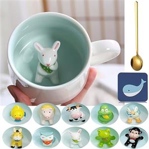 Arawat Mug Coniglio 3d Tazza coniglietto regalo Animale divertente Tazza da caffè in ceramica 350 ml Tazza da tè con cucchiaio e sottobicchiere carino Regalo di compleanno per amico fidanzata