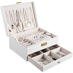 YOCOLE Portagioie Donna, 2 Livelli Porta Gioielli da Viaggio Ragazza in Pelle PU, Grande Gioielli Scatola Organizer per Anelli, Orecchini, Collane, Orologi, con Serratura e Chiave, Bianco