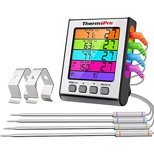 ThermoPro TP17H Termometro Da Cucina Digitale con Modalità Timer e Display LCD con 4 Sonde Termometro Carne per Cottura BBQ Alimenti Manzo Pesce Vitello Pollo Forno Affumicatore Arrosto Griglia