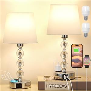kakanuo Set di 2 Lampade da Comodino in Cristall, Abat Jour da Comodino Touch Dimmerabile a 3 Vie con Porte USB-A+C+2 Presa CA, Lampada da Tavolo per Camera da Letto Soggiorno Ufficio(2 Lampadine Incluse)