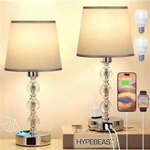 kakanuo Lampada da Comodino in Cristall Set di 2, Abat Jour da Comodino Touch Dimmerabile a 3 Vie con Porte USB-A+C+2 Presa CA, Lampade da Tavolo per Camera da Letto Soggiorno Ufficio(2 Lampadine Incluse)