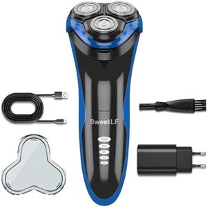 SweetLF 2025 Nuovo Rasoio Elettrico Uomo,Regolabarba con Testine Rotanti 4D, Rasoio Ricaricabile Wet & Dry con Display LED, Rasatura Impermeabile IPX7,Nero e Blu