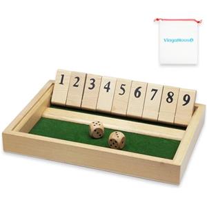 VingaHouse Shut The Box Classico Gioco da Tavolo in Legno, Gioco di Dadi Giocattolo da Viaggio Gioco da Tavolo Dadi con Borsa per Conservazione Adatto per l'allenamento di Logica Matematica Regalo per Bambini