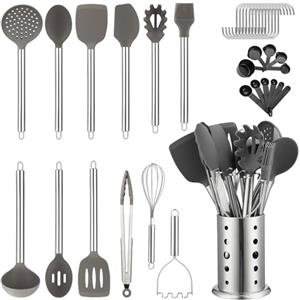 Kyraton Set di utensili da cucina, Kyraton 38 pezzi di cucina in silicone antiaderente, set di cucchiai e spatole con robusto supporto per utensili in acciaio inox, lavabili in lavastoviglie