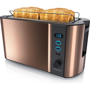 arendo - Tostapane a 2 Fessure XXL - Funzione Scongelamento - Doppia Parete termoisolante - con Accessorio scalda Cornetto - 1500W - Vassoio raccogli briciole - Display con Tempo rimanente - Rame
