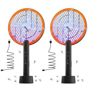 Mosiller Racchetta Zanzare Elettrica, 2 in 1 Scacciamosche Elettrico&4000V Lampada antizanzare Da con USB Base Di Ricarica, Insetti Scacciamosche Portatile e Lampada UV per Cucina, Esterni -Nero 2PZ