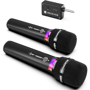 ECHOMUSSY Microfono Wireless, Microfoni Wireless Ricaricabili Doppi Con Connessione Chip Uno a Uno e Luci LED, Durata 40 Ore, Portata di Ricezione 200 Piedi, Microfono Karaoke a Latenza Ridotta per Cantare