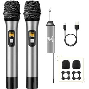 TONOR Microfono Senza Fili, UHF Sistema Microfonico Dinamico a Doppio Cordless in Metallo con Ricevitore Ricaricabile, Set di Microfoni Wireless per Canto Karaoke, DJ, Festa, 60m TW630, Argento