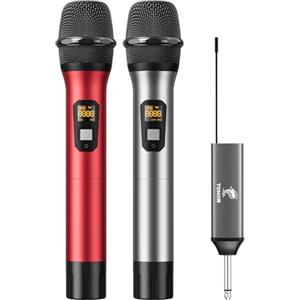 TONOR Microfono Senza Fili UHF Sistema Microfonico Dinamico a Doppio Cordless in Metallo con Ricevitore Ricaricabile,Set di Microfoni Wireless per Canto Karaoke, DJ, Festa,60m (TW630) Argento e Rosso