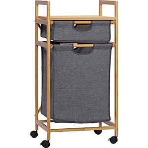 HOMCOM Cesto Portabiancheria Sporca con 2 Scomparti e Ruote, Sacchi Portabiancheria Cesta Panni Sporchi in Tessuto e Struttura in Bambù, 42x35x84.5cm, Grigio