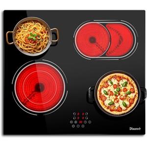 Disaenvir Piano Vetroceramica 4 Fuochi 6600W, Piano Cottura Elettrico 4 Piastre con doppio area BBQ ovale, Placa Vitrocerámica 9 livelli di potenza, funzione pausa, timer, blocco di sicurezza