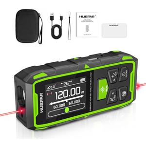 Huepar Misuratore laser 396FT Misuratore di distanza laser digitale con 2 livelli di bolla, LCD retroilluminato, misura distanza, area e volume e modalità pitagorica SW-210RT