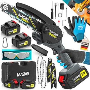 MASKO® Mini motosega con batteria da 8000 mAh | motosega elettrica con 2 batterie da 4000 mAh, potatura da potatura, motosega da 800 W, 6 Pollici - Nero/Antracite