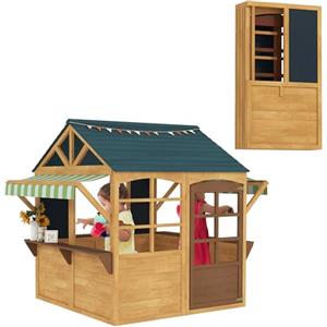 AIYAPLAY Casetta per Bambini in Legno di Abete, Casetta da Giardino Pieghevole con 5 Finestre, Tettoia, Porta e 2 Lavagne Nere, Casa da Esterno per Bimbi 3-8 Anni, 173x117x144 cm, Marrone