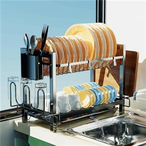 Yexati Scolapiatti a 2 ripiani, grande capacità, scolapiatti da cucina con organizer per utensili, scolapiatti con supporto per tagliere, più 3 ganci, nero