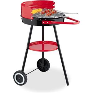 Relaxdays Barbecue a Carbonella con Paravento, Ø 42 cm, Grill a Carbone da Esterno, 2 Ruote e Portautensili, Nero Rosso, Plastica, Acciaio