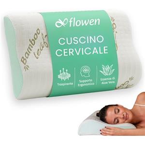 Flowen Cuscino Cervicale Memory Foam per Dormire Ortopedico Aloe Vera Guanciale a Doppia Onda Ideale per Supporto al Collo Ergonomico Traspirante Antirussamento Anallergico Federa Bamboo Lavabile