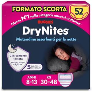 Huggies Drynites Pannolini, Taglia L (30-48 Kg), Mutandine assorbenti bambina, 8-13 anni, 52 Pz
