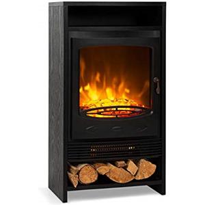 Klarstein Bergamo - Caminetto Elettrico, 2 Livelli di Riscaldamento: 900/1800 W, Termostato, Dimmer, Effetto Fiamma Realistica: a LED con Tronchi di Legno in Resina, Aspetto Legno, Nero