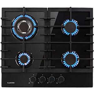 KLARSTEIN Ignito - Piano Cottura a Gas, Piastra da Incasso, Bruciatore Sabaf, Gas Naturale/Gas Propano, Valvole di Sicurezza, Spegnimento Automatico, Acciaio Inox, 4 Fuochi, 60 cm, Nero