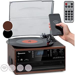 Auna Giradischi Bluetooth per Dischi in Vinile, Lettore Vinile a 3 Velocità di Riproduzione, Giradischi Vinili Vintage con Casse Stereo, AUX, Gira Dischi per Vinile con Jack per Cuffie e Lettore CD