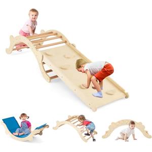 COSTWAY Arco da arrampicata con cuscino, triangolo da arrampicata con scivolo in legno, 3 in 1, struttura da arrampicata per interni, per scivolare, arrampicata e altalena, con rampa e cuscino