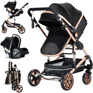 Veitoalioy Passeggino 3 in 1 Trio Neonati, Per Neonato 3 in 1 Passeggini, Angle de panier de couchage réglable, Carrozzino multifunzione Passeggino Pieghevole (739 Black Gold-2)