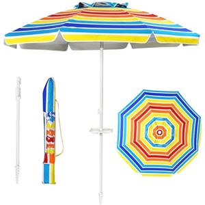 RELAX4LIFE Ombrellone da Spiaggia diametro 220 cm con Vassoio, Ombrellone da Mare Inclinabile a 8 Stecche con Air Vent, Non Base, Protezione solare e impermeabile, Borsa di Trasporto Inclusi
