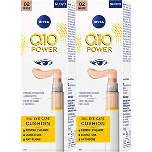 Nivea Q10 Power 3in1 Eye Care Cushion Primer Levigante Correttore Anti-Rughe per Contorno Occhi Formula Delicata Contro Borse e Occhiaie Colore 02 Nude con Applicatore a Cuscinetto - 2 Flaconi da 4ml