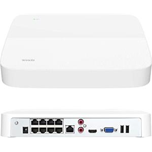 Tenda NVR 8 Canali, 4K PoE NVR Videoregistratore di sorveglianza, Trasmissione a 250m, H.265+, IEEE 802.3af/at, Plug and Play, HDD(fino a 10TB)/Cloud Storage, 4KV Protezione contro i Fulmini, N6P-8H