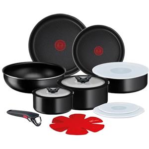 Lagostina Ingenio Essential Plus Batteria di Pentole, Alluminio per Gas e Forno, 17 Pezzi, 2 Casseruole Fonde, 2 Padelle, Tegame, Wok, 5 Coperchi, 5 Proteggi Padella e Manico Removibile