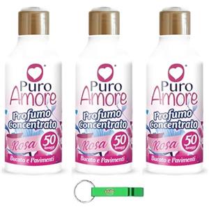 Beni Culinari 3 X PURO AMORE Profumo Concentrato Rosa Bucato e Pavimenti - Profumo rosa concentrato per biancheria e pavimenti - 50 lavaggi 250 ml + portachiavi Beni Culinari