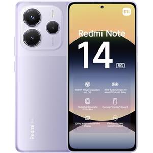 XIAOMI Smartphone Xiaomi Redmi Note 14 5G, 8+256GB, Sistema fotografico AI da 108MP, batteria da 5110mAh, display con tecnologia Eye-Care da 120Hz, funzionalità AI (caricabatterie non incluso),Viola