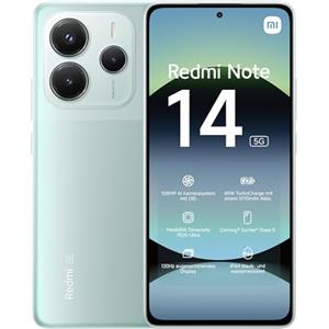 XIAOMI Smartphone Xiaomi Redmi Note 14 5G, 8+256GB, Sistema fotografico AI da 108MP, batteria da 5110mAh, display con tecnologia Eye-Care da 120Hz, funzionalità AI (caricabatterie non incluso), Verde