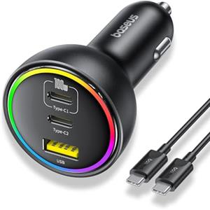 Baseus RGB Caricabatterie Auto, 152.5W USB C Caricatore Auto con Cavo USB C da 100W, Carica Batterie per Auto Rapido Compatibile con Air Mini, iPhone Serie 16/15/14/13, iPad Pro, AirPods