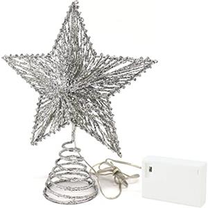 CVHOMEDECO. Puntale per Albero di Natale 3D con luci a LED Bianco Caldo e Timer per Decorazione Albero di Natale e FESTIVITÀ stagionali, 20,3 cm, Argento Glitterato.