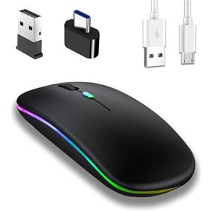 Jinpojun Mouse Wireless Ricaricabile Bluetooth, Mouse Ergonomico Gaming Retroilluminato a 7 Colori Portatile con Bluetooth 5.1 e Wireless 2.4G, Compatibile con laptop, PC, Mac, Computer, Notebook